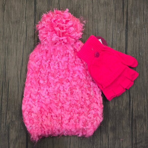 SO ✦ Pink Knit Beanie & Gloves Set ✦ Pom-Pom Hat + Fingerless Gloves Flap Cover - Picture 2 of 10